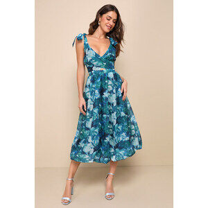 Lulus Flowering Day Dream Teal Blue Floral Organza Midi Bubble Dress - Size M